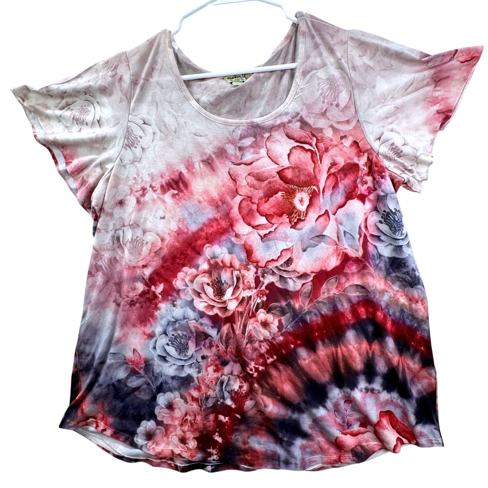 One World Floral Tie Dye Short Sleeve Top Womens 2X Pink Boho Flutter Sleeve